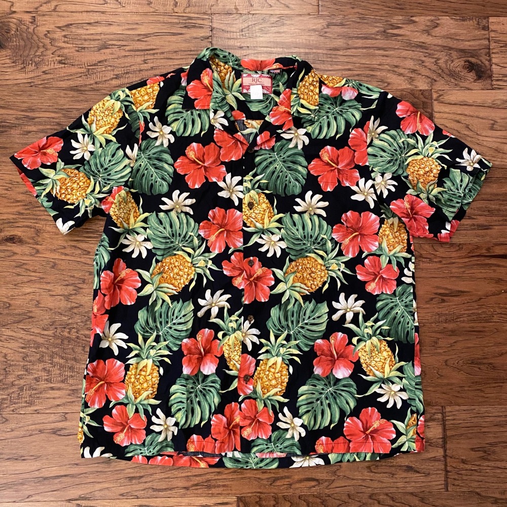 RJC Hawaiian Shirt Mens 2XL Black Tropical Pineapple Hibiscus Made in Hawaii